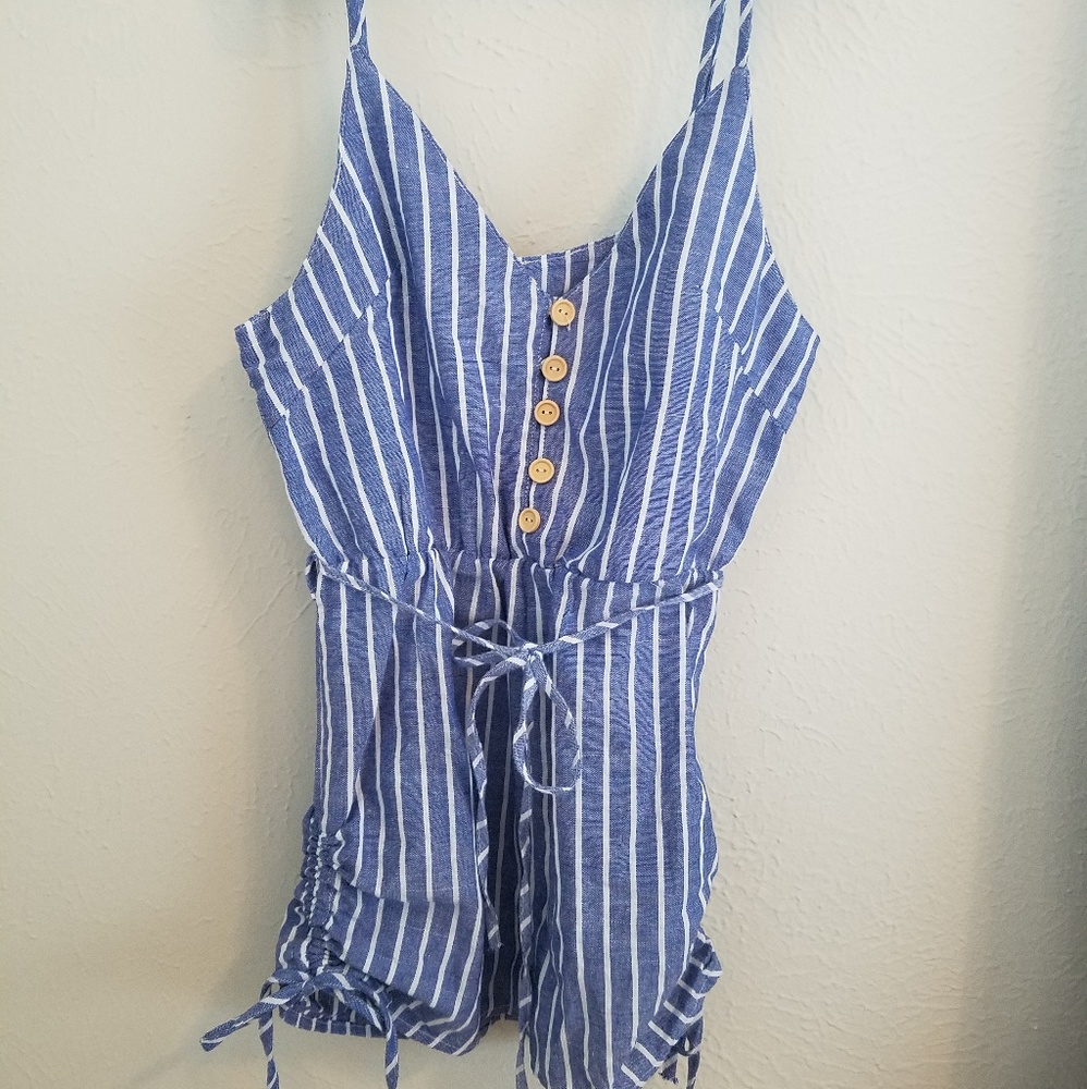 Blue & White Stripe Button Front Romper